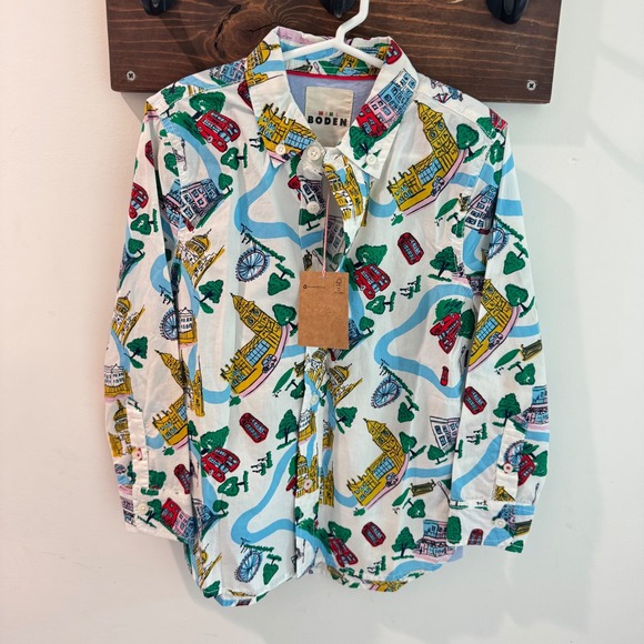 Mini Boden Other - Mini Boden Kids London City Print Button Down Shirt White Multi 6-7Y NWT